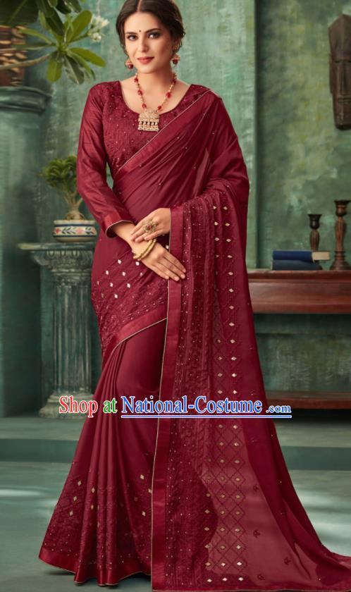 Indian Traditional Wedding Embroidered Wine Red Sari Dress Asian India National Festival Costumes for Women