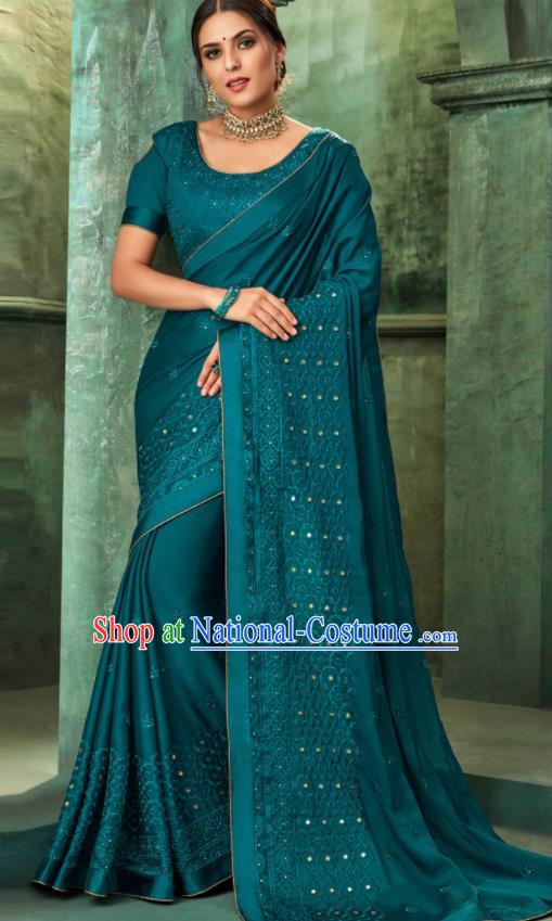 Indian Traditional Wedding Embroidered Deep Blue Sari Dress Asian India National Festival Costumes for Women