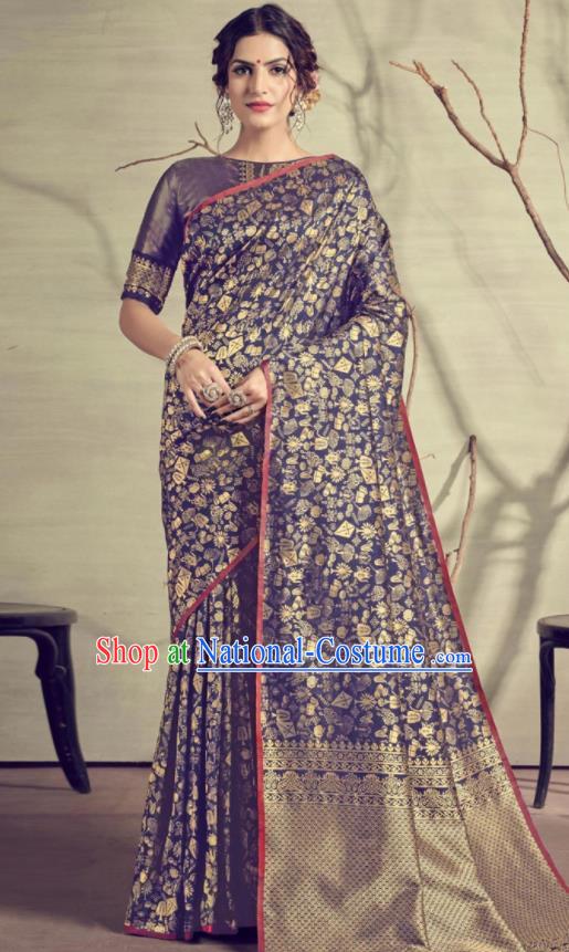 Traditional Indian Patrician Navy Silk Sari Dress Asian India National Festival Bollywood Costumes for Women