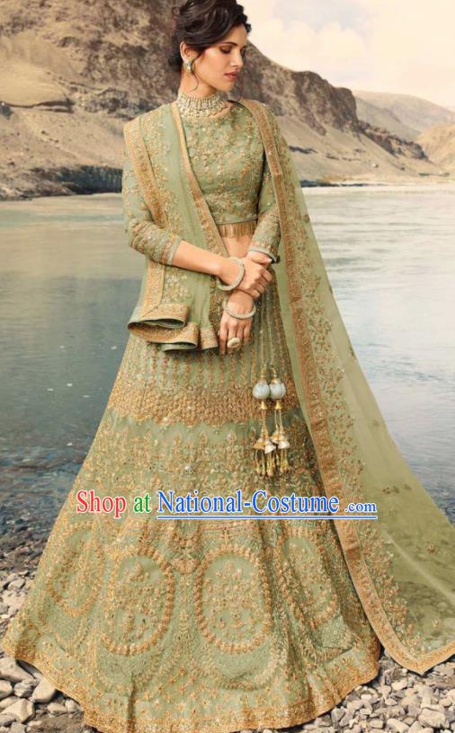 Indian Traditional Lehenga Embroidered Light Green Dress Asian India National Festival Costumes for Women