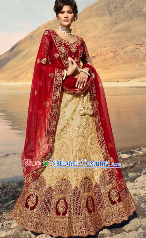 Indian Traditional Lehenga Embroidered Light Golden Dress Asian India National Festival Costumes for Women