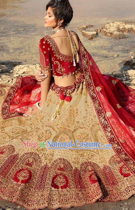 Indian Traditional Lehenga Embroidered Light Golden Dress Asian India National Festival Costumes for Women