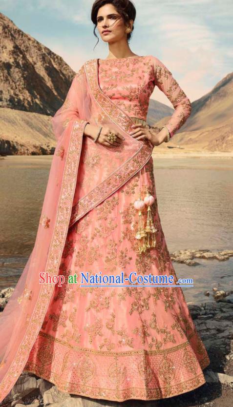 Indian Traditional Lehenga Embroidered Pink Dress Asian India National Festival Costumes for Women