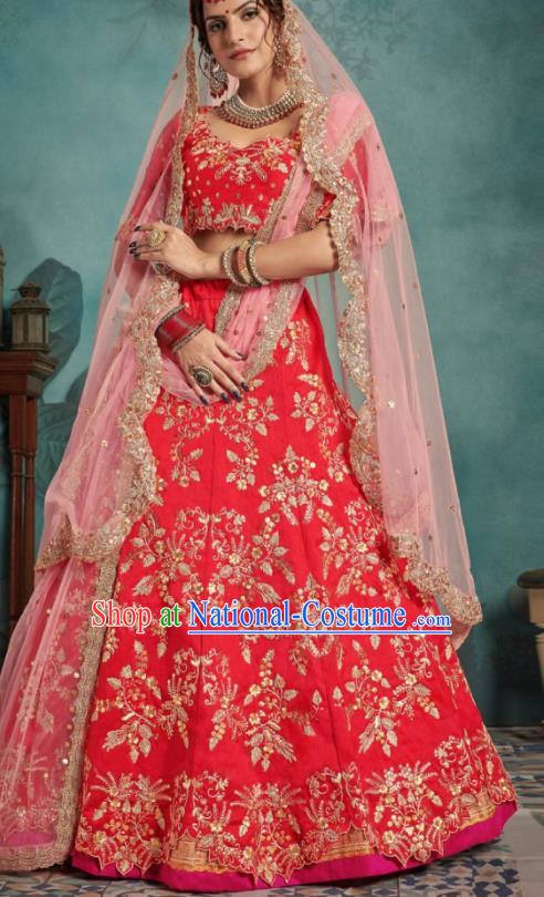 Indian Traditional Court Wedding Lehenga Bollywood Embroidered Rosy Dress Asian India National Festival Costumes for Women