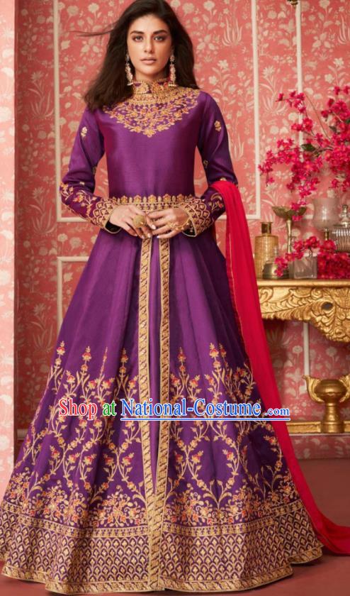 Indian Traditional Court Bollywood Embroidered Purple Silk Anarkaili Dress Asian India National Festival Costumes for Women