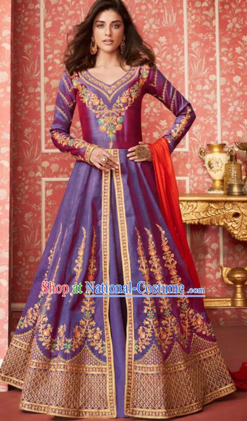 Indian Traditional Court Bollywood Embroidered Blue Silk Anarkaili Dress Asian India National Festival Costumes for Women