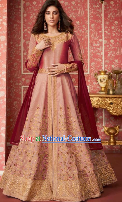 Indian Traditional Court Bollywood Embroidered Pink Silk Anarkaili Dress Asian India National Festival Costumes for Women