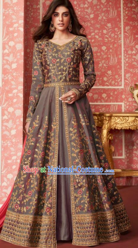 Indian Traditional Court Bollywood Embroidered Grey Silk Anarkaili Dress Asian India National Festival Costumes for Women