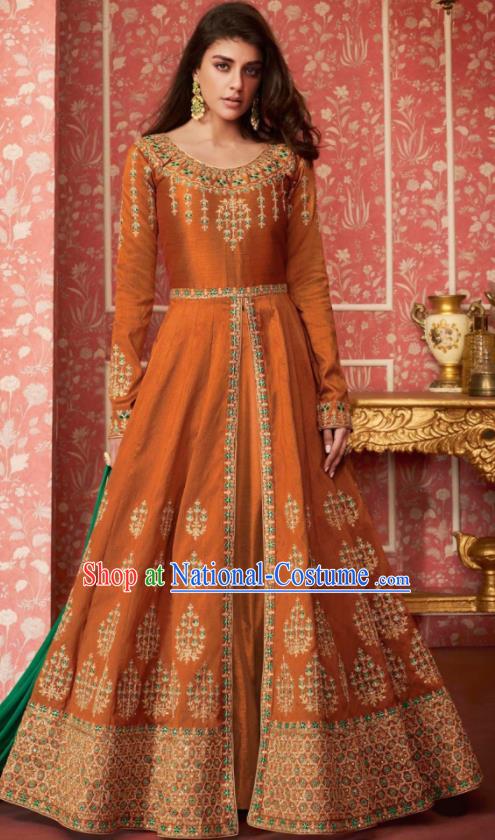 Indian Traditional Court Bollywood Embroidered Orange Silk Anarkaili Dress Asian India National Festival Costumes for Women