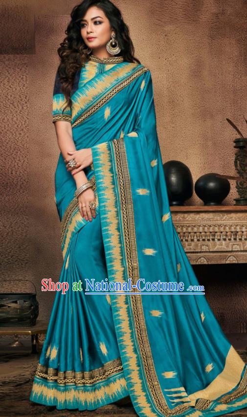 Indian Traditional Court Bollywood Blue Satin Sari Dress Asian India National Festival Costumes for Women