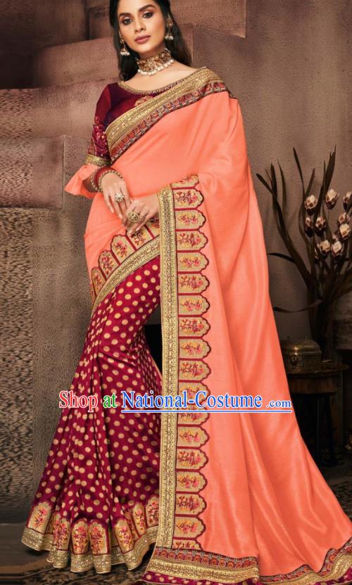 Indian Traditional Court Bollywood Pink Satin Sari Dress Asian India National Festival Costumes for Women