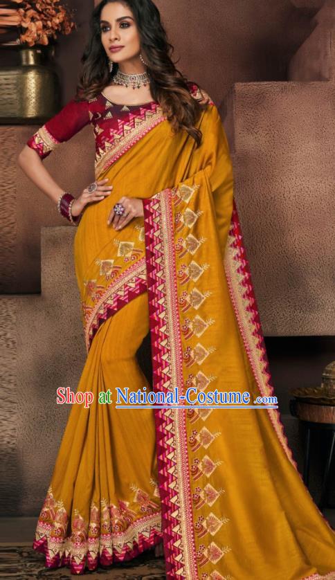 Indian Traditional Court Bollywood Ginger Satin Sari Dress Asian India National Festival Costumes for Women