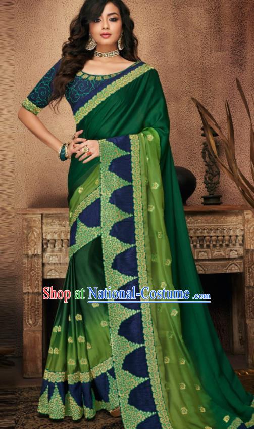 Indian Traditional Court Bollywood Deep Green Satin Sari Dress Asian India National Festival Costumes for Women