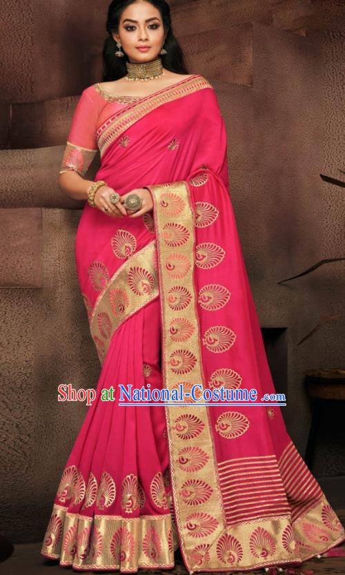 Indian Traditional Court Bollywood Rosy Satin Sari Dress Asian India National Festival Costumes for Women