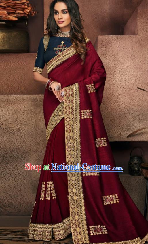 Indian Traditional Court Bollywood Wine Red Satin Sari Dress Asian India National Festival Costumes for Women