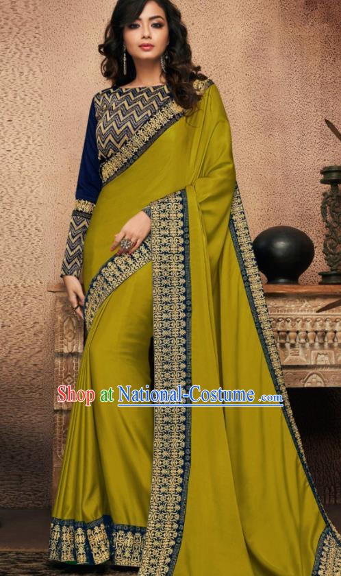 Indian Traditional Court Bollywood Olive Green Satin Sari Dress Asian India National Festival Costumes for Women