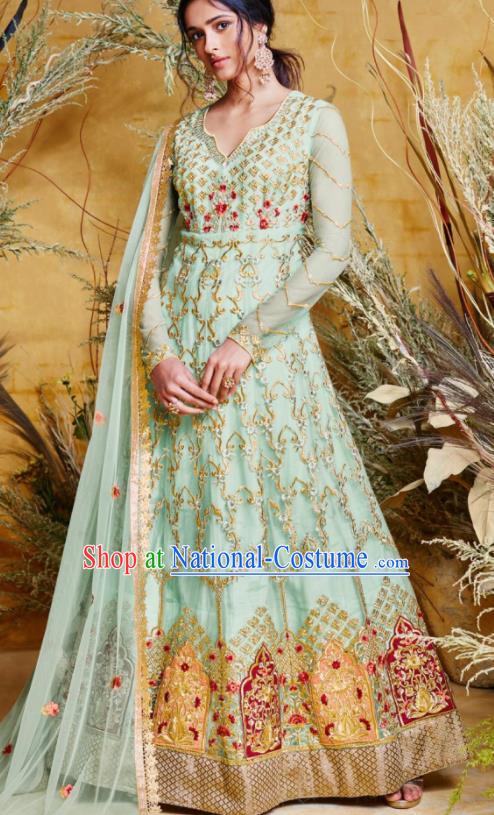 Indian Traditional Court Anarkali Kurta Light Blue Dress Asian India National Festival Costumes for Women