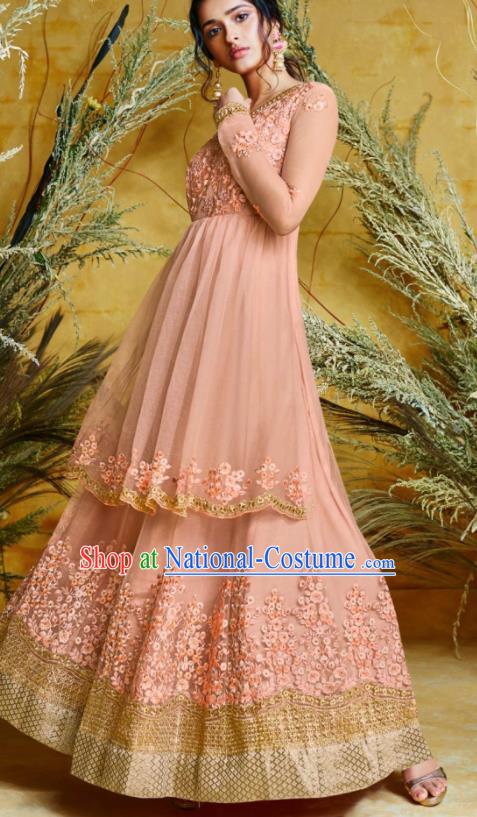 Indian Traditional Court Anarkali Kurta Light Pink Dress Asian India National Festival Costumes for Women