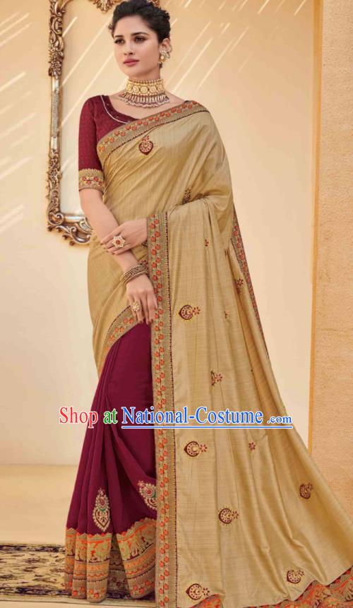 Traditional Indian Saree Wine Red and Ginger Silk Sari Dress Asian India National Festival Bollywood Costumes for Women