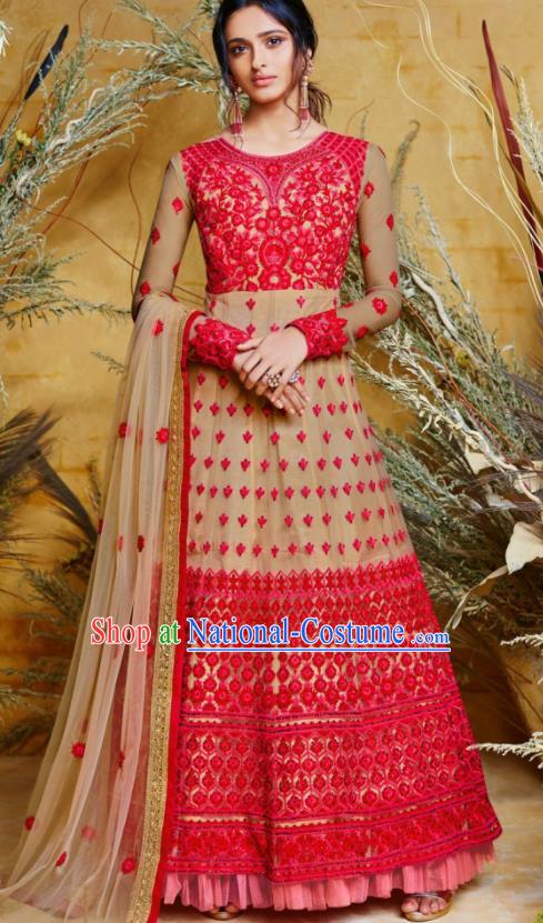 Indian Traditional Court Anarkali Kurta Light Red Dress Asian India National Festival Costumes for Women