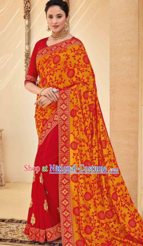 Traditional Indian Saree Red and Orange Silk Sari Dress Asian India National Festival Bollywood Costumes for Women