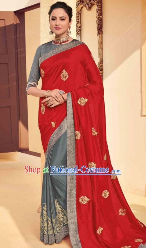 Traditional Indian Saree Red and Grey Silk Sari Dress Asian India National Festival Bollywood Costumes for Women