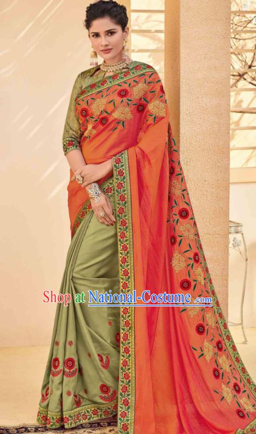 Traditional Indian Saree Olive Green and Orange Silk Sari Dress Asian India National Festival Bollywood Costumes for Women