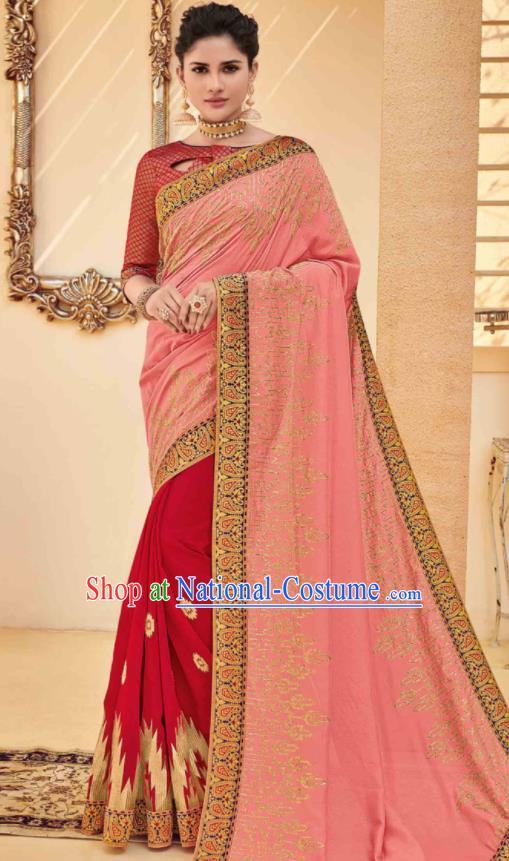 Traditional Indian Saree Pink and Red Silk Sari Dress Asian India National Festival Bollywood Costumes for Women