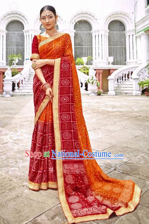 Indian Traditional Court Printing Orange Georgette Sari Dress Asian India National Festival Costumes for Women