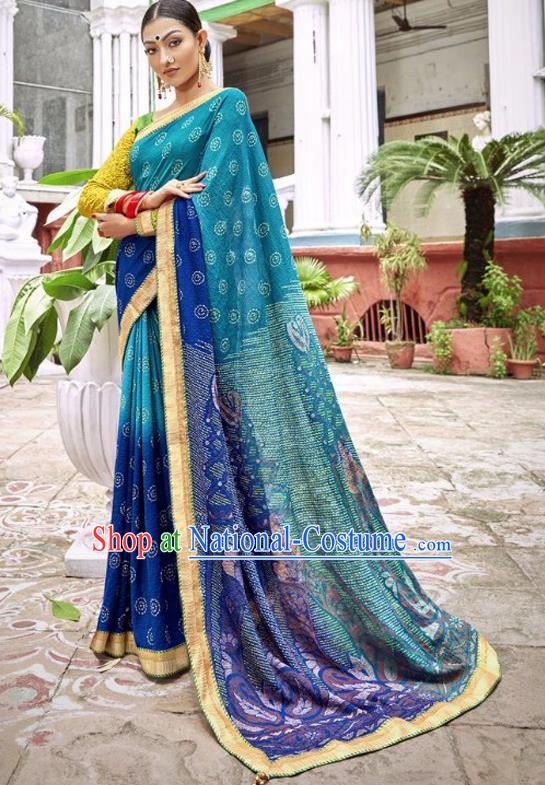 Indian Traditional Court Printing Blue Georgette Sari Dress Asian India National Festival Costumes for Women