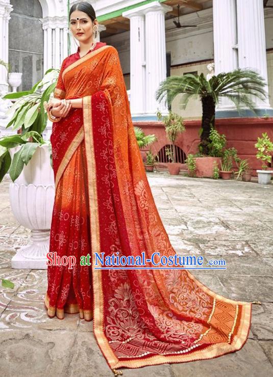 Indian Traditional Court Printing Saffron Georgette Sari Dress Asian India National Festival Costumes for Women