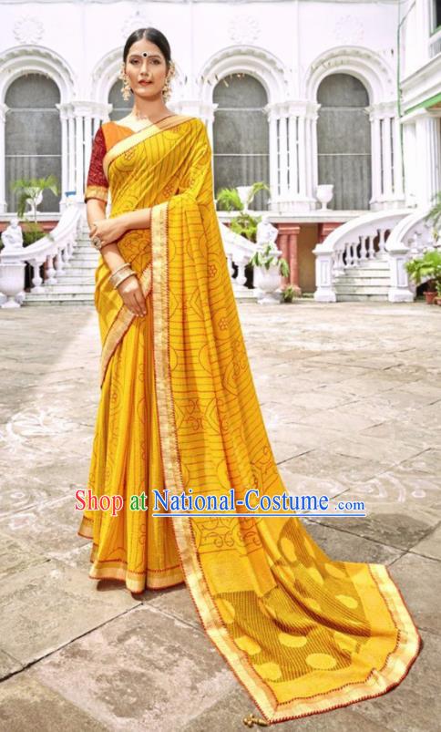 Indian Traditional Court Printing Yellow Georgette Sari Dress Asian India National Festival Costumes for Women