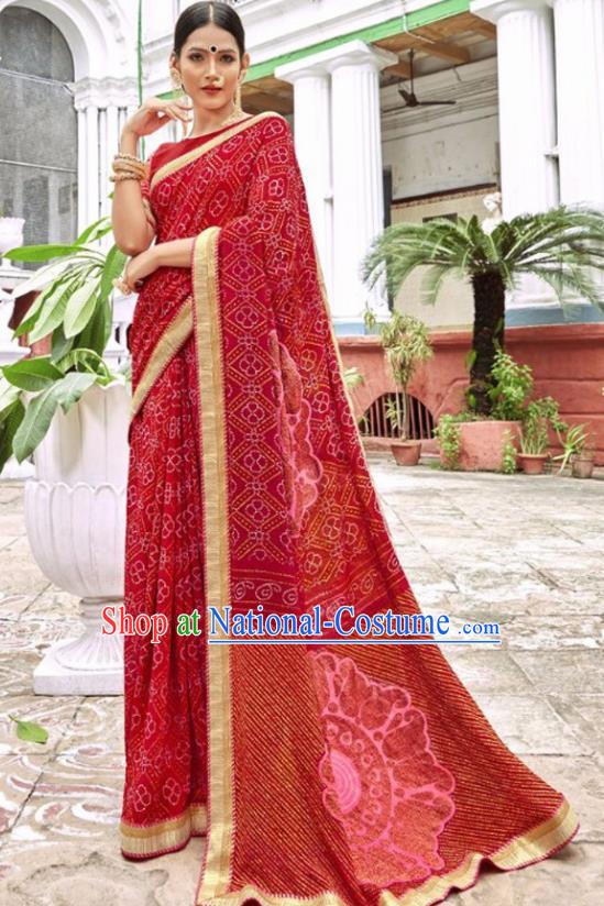 Indian Traditional Court Printing Dark Red Georgette Sari Dress Asian India National Festival Costumes for Women