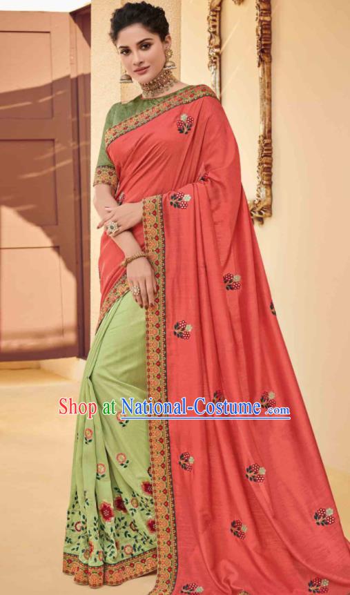 Traditional Indian Saree Pink and Green Silk Sari Dress Asian India National Festival Bollywood Costumes for Women