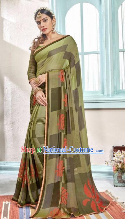 Indian Traditional Court Printing Olive Green Sari Dress Asian India National Festival Costumes for Women