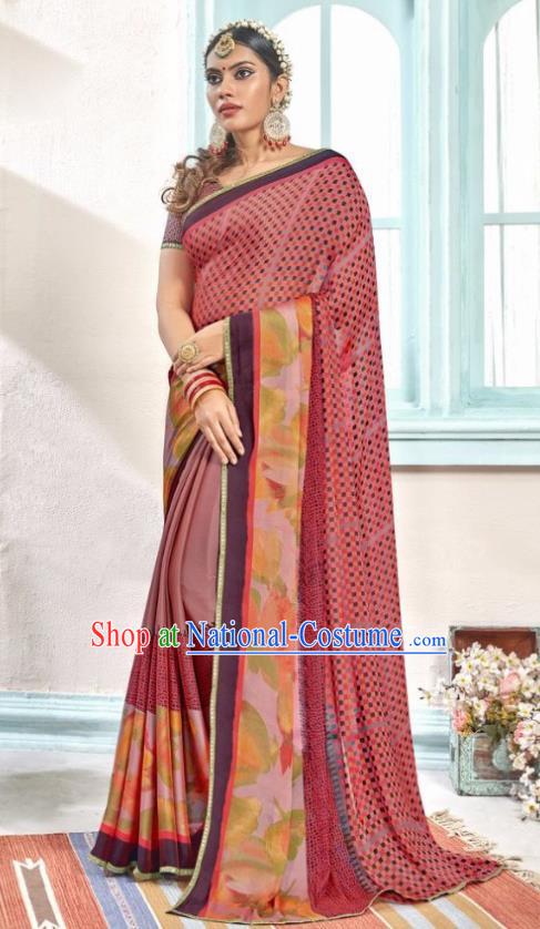 Indian Traditional Court Printing Wine Red Sari Dress Asian India National Festival Costumes for Women