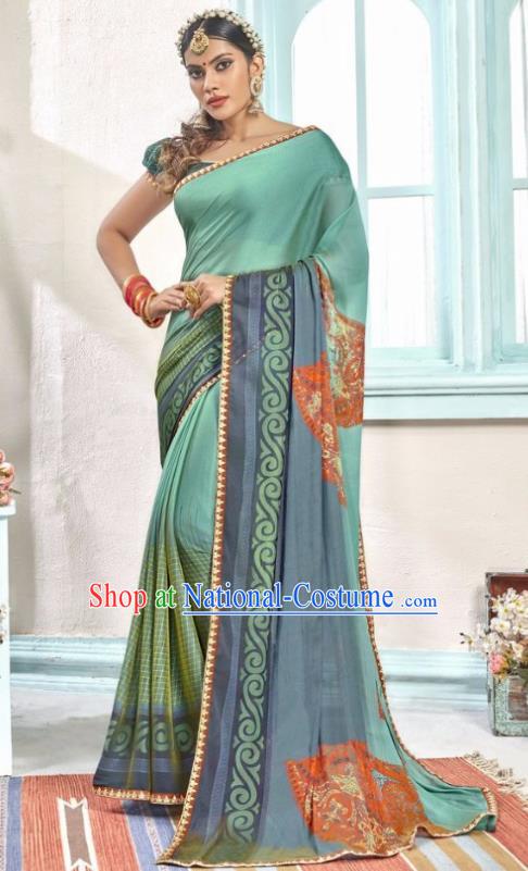 Indian Traditional Court Printing Lake Blue Sari Dress Asian India National Festival Costumes for Women