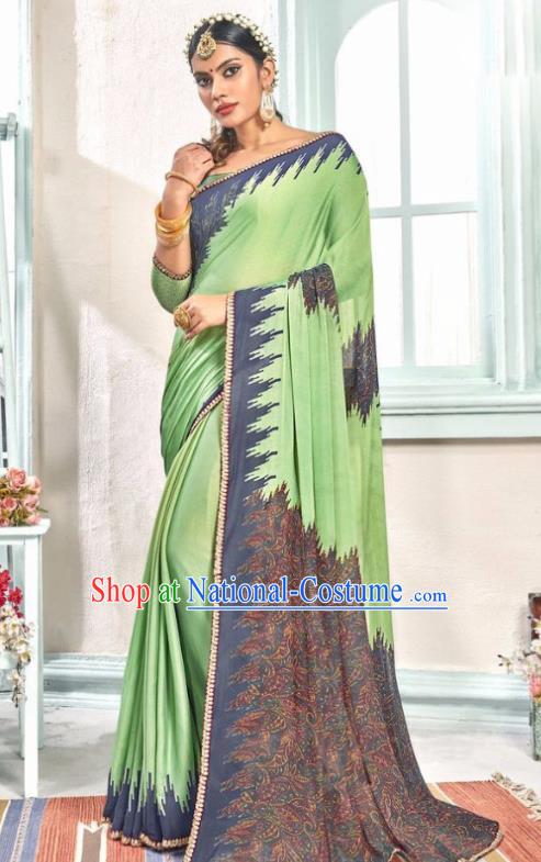 Indian Traditional Court Printing Green Sari Dress Asian India National Festival Costumes for Women