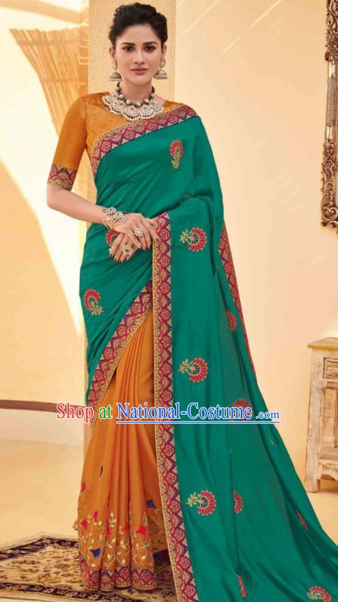 Traditional Indian Saree Orange and Green Silk Sari Dress Asian India National Festival Bollywood Costumes for Women