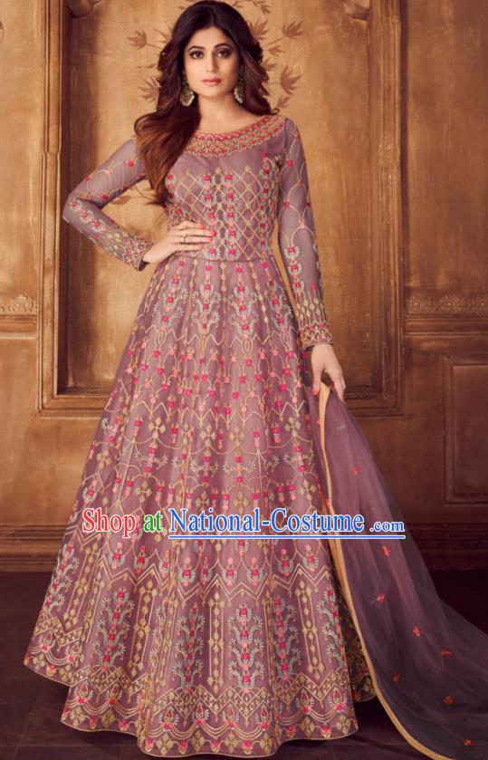 Indian Traditional Court Embroidered Purple Anarkali Dress Asian India National Festival Costumes for Women