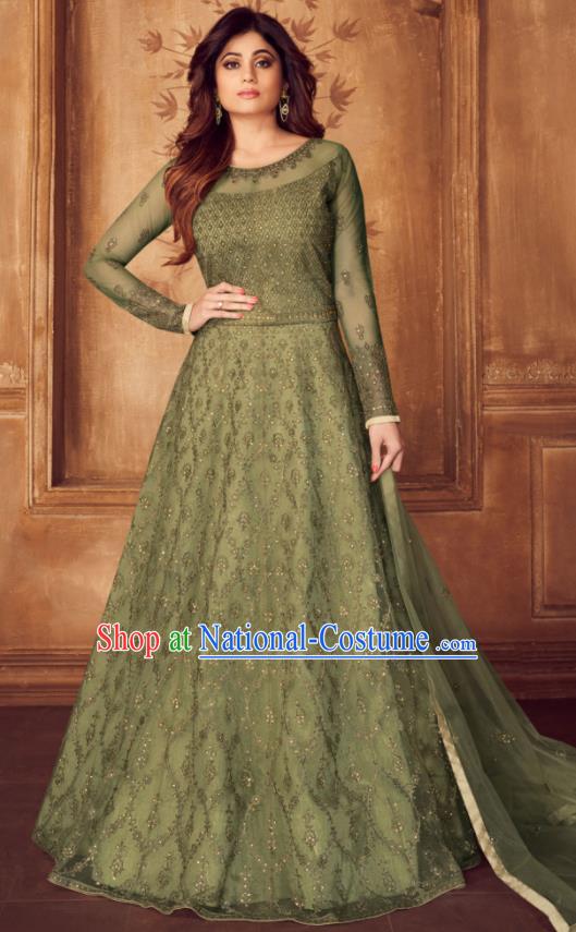 Indian Traditional Court Embroidered Olive Green Anarkali Dress Asian India National Festival Costumes for Women