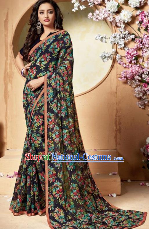 Indian Traditional Court Printing Black Chiffon Sari Dress Asian India National Festival Costumes for Women