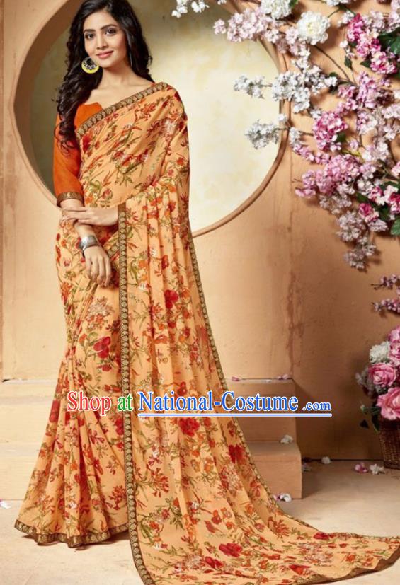 Indian Traditional Court Printing Apricot Chiffon Sari Dress Asian India National Festival Costumes for Women