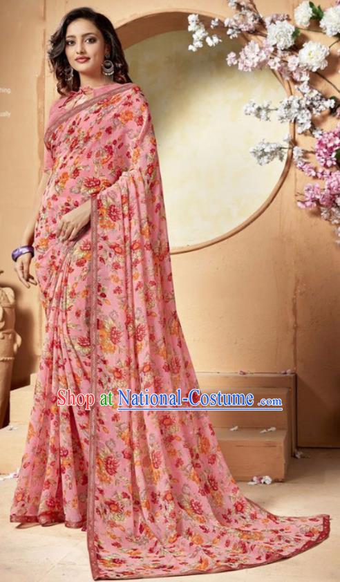 Indian Traditional Court Printing Pink Chiffon Sari Dress Asian India National Festival Costumes for Women