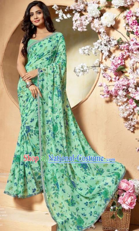 Indian Traditional Court Printing Light Green Chiffon Sari Dress Asian India National Festival Costumes for Women