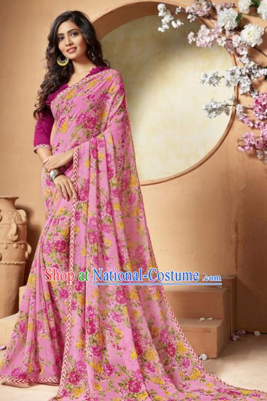 Indian Traditional Court Printing Roses Pink Chiffon Sari Dress Asian India National Festival Costumes for Women