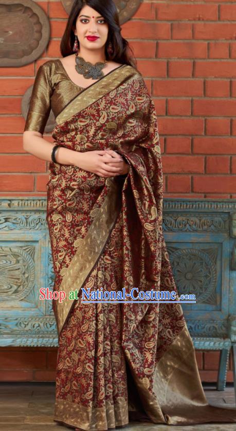 Traditional Indian Banarasi Saree Purplish Red Silk Sari Dress Asian India National Festival Bollywood Costumes for Women