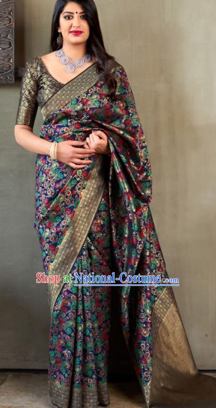 Traditional Indian Banarasi Saree Deep Blue Silk Sari Dress Asian India National Festival Bollywood Costumes for Women