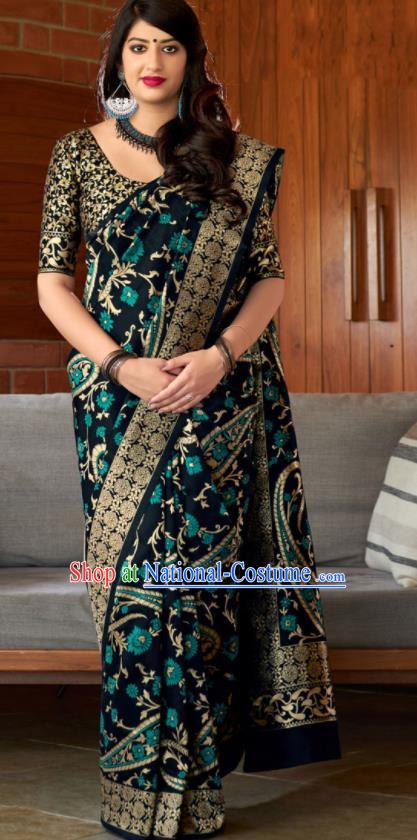 Traditional Indian Banarasi Saree Navy Silk Sari Dress Asian India National Festival Bollywood Costumes for Women