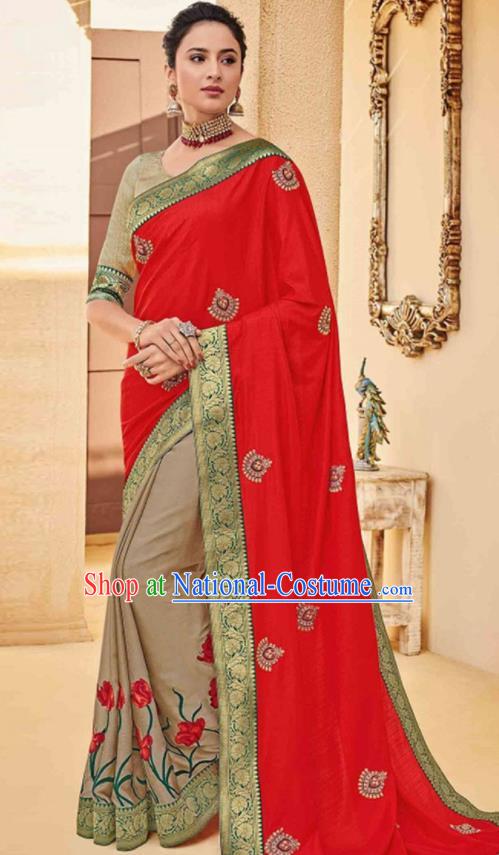 Traditional Indian Saree Red and Khaki Silk Sari Dress Asian India National Festival Bollywood Costumes for Women